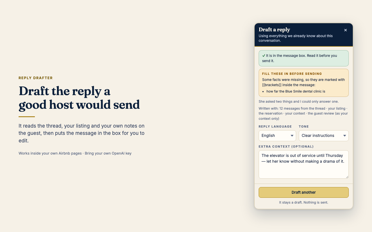 The reply drafter next to the message box, with a draft already placed in it