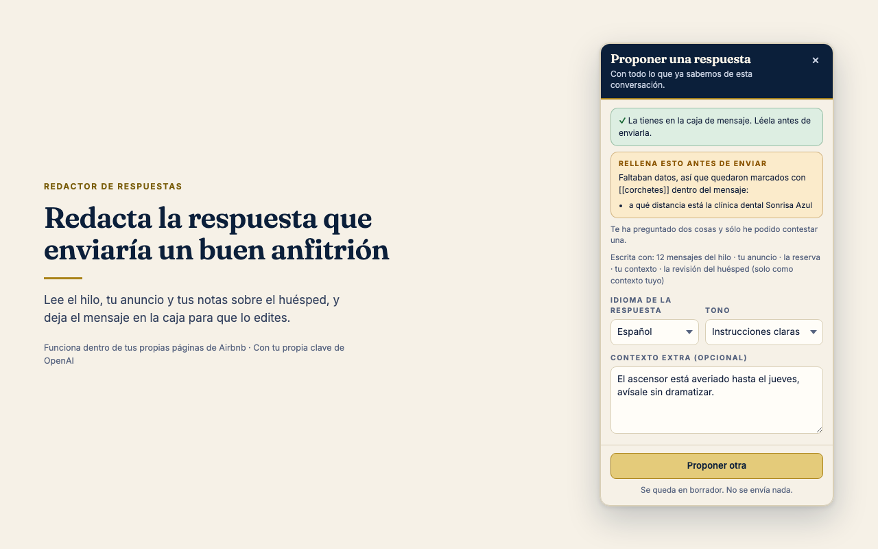 El redactor de respuestas junto a la caja de mensajes, con un borrador ya puesto