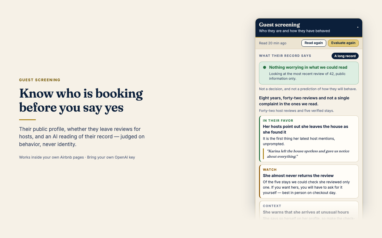 Guest screening: public profile, review reciprocity and an AI reading of the guest’s record