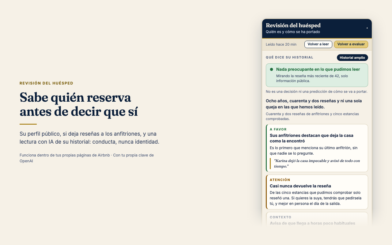 Revisión del huésped: perfil público, reciprocidad de reseñas y lectura con IA de su historial