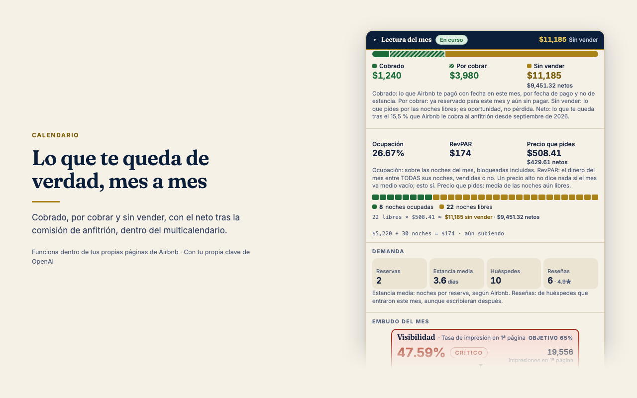 Un mes del multicalendario con cobrado, por cobrar, sin vender y el neto tras la comisión de Airbnb